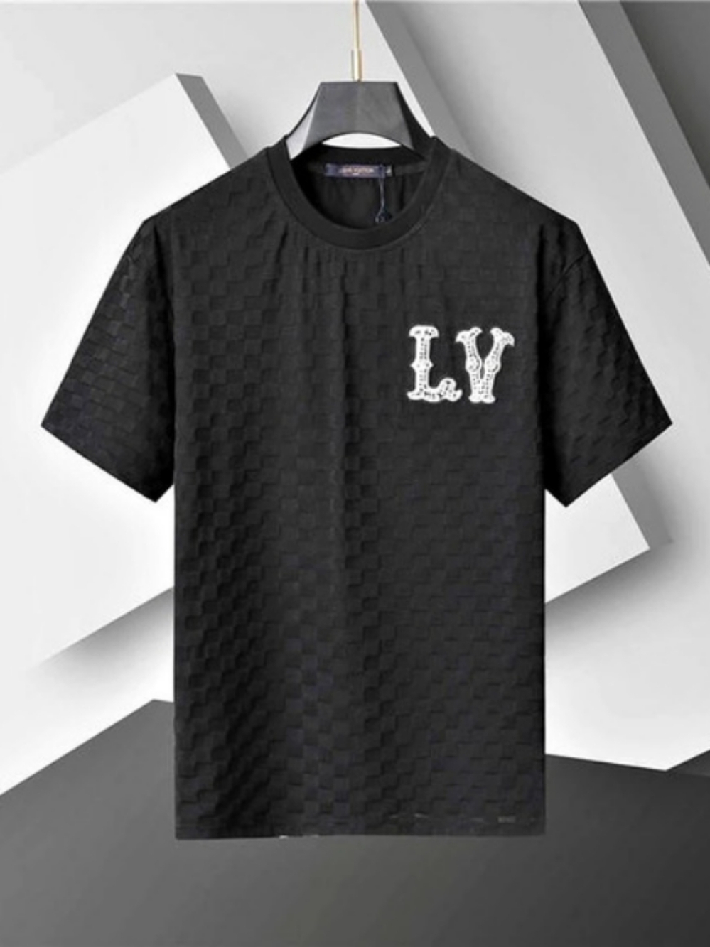 Louis Vuitton Embellished Signature T-Shirt Men's Black Geometric Short Sleeve